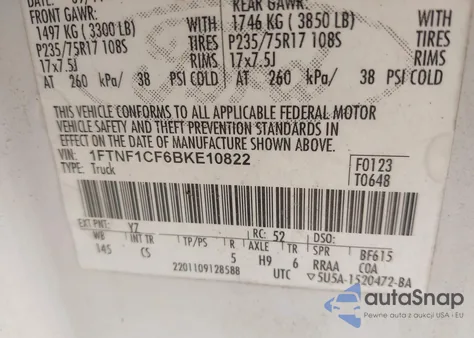 2011 Ford F-150 Xl из США, поврежденный, VIN 1FTNF1CF6BKE10822